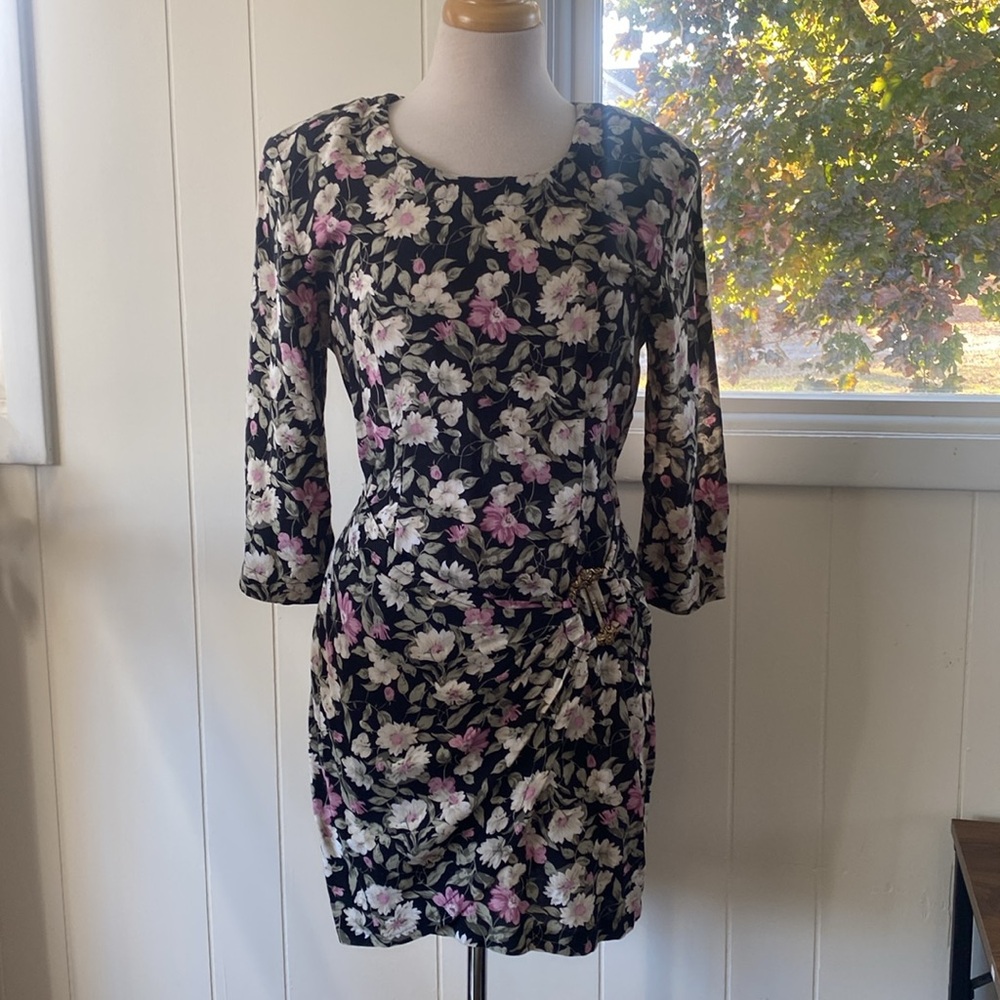90s Rampage Dark Floral Wrap Buckle Dress S Vintage